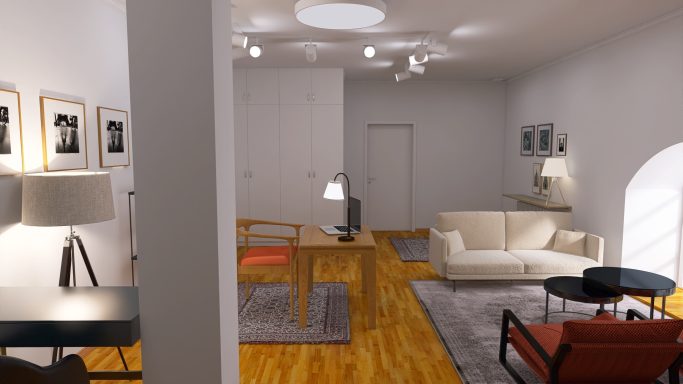 Visualisierungen Visualisierung eines hellen, offenen Büroraums mit Sofa, Tisch und Kunst an den Wänden.