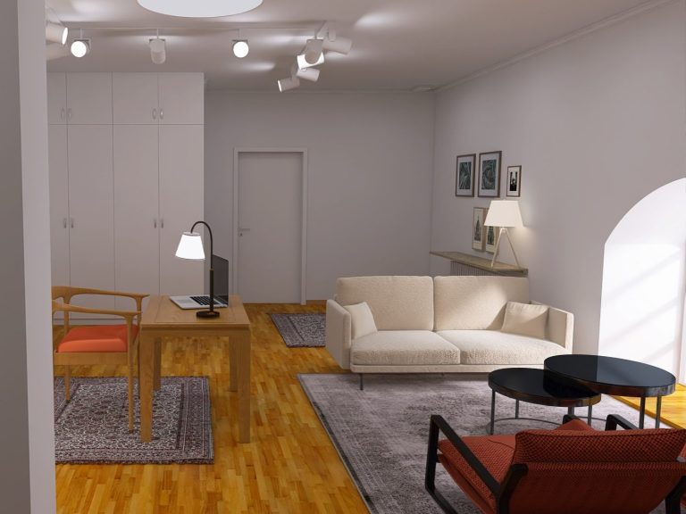 Moderner Büroraum mit Sofa, Tisch, Stuhl und eleganter Beleuchtung, Holzfußboden.