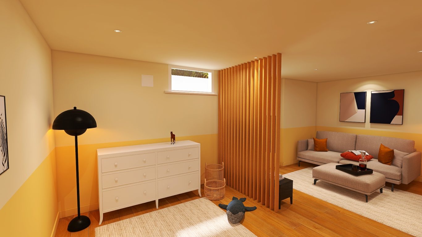 Heller Souterrain-Raum mit Sofa, Tisch, Dekoration und einem Raumteiler aus Holz.