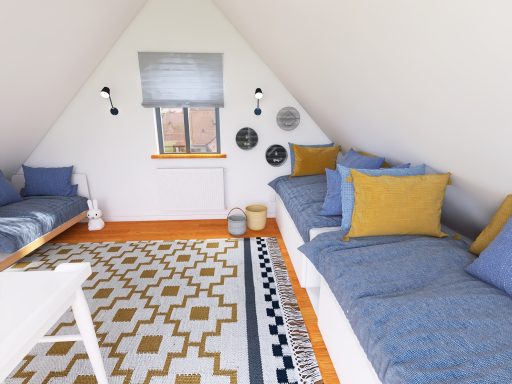 Gemütliches Zimmer mit zwei Betten, bunten Kissen und einem dekorativen Teppich.