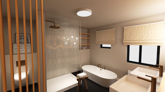 Badezimmer mit Dusche, Badewanne und Holzelementen.