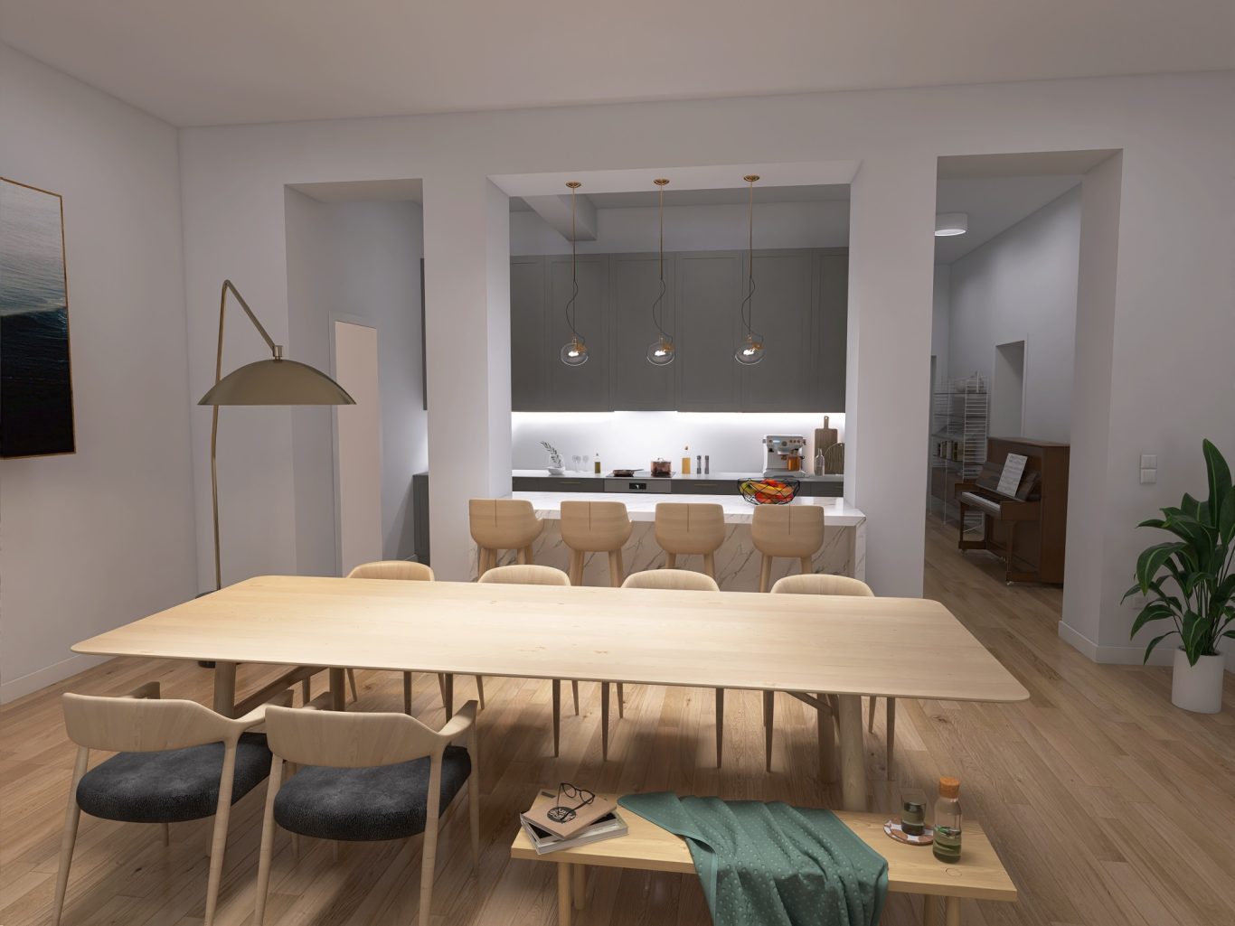 Modernes Wohnzimmer mit großem Esstisch, Stühlen, Küche im Hintergrund und Pflanzen.