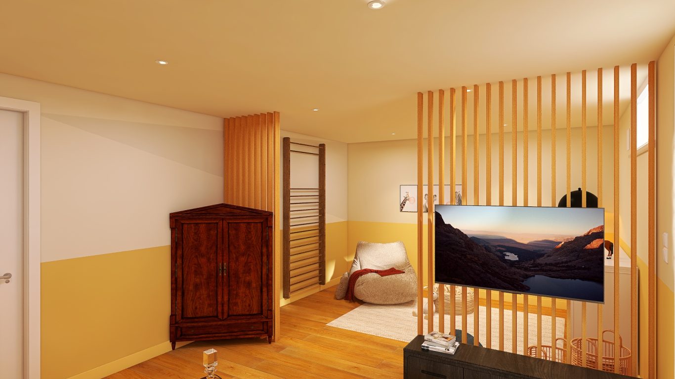 Modern Wohnzimmer mit TV, Holzmöbel und gemütlichem Sitzbereich.
