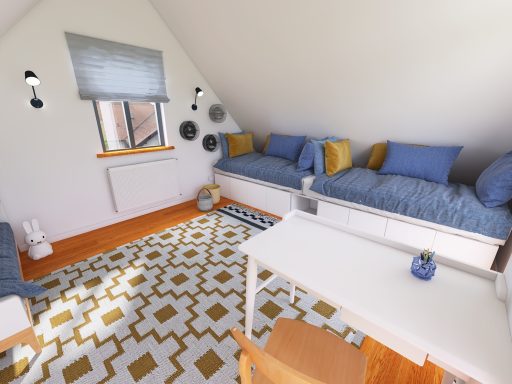 Visualisierungen Helle, gemütliche Dachzimmer mit zwei Betten, Tisch und dekorativem Teppich.
