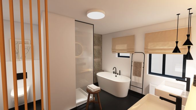 Visualisierungen Badezimmer mit Dusche, Badewanne und schwarzen Akzenten