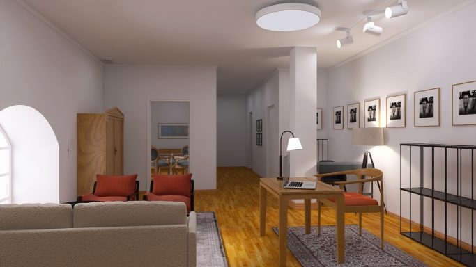 Visualisierung eines hellen, offenen Raums mit Holzfußboden, Sofa, Schreibtisch und mehreren Bildern an der Wand.