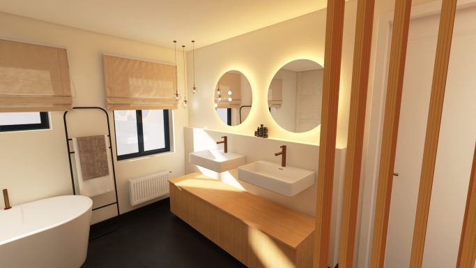 Badezimmer mit 2 Waschbecken und runden Spiegeln darüber
