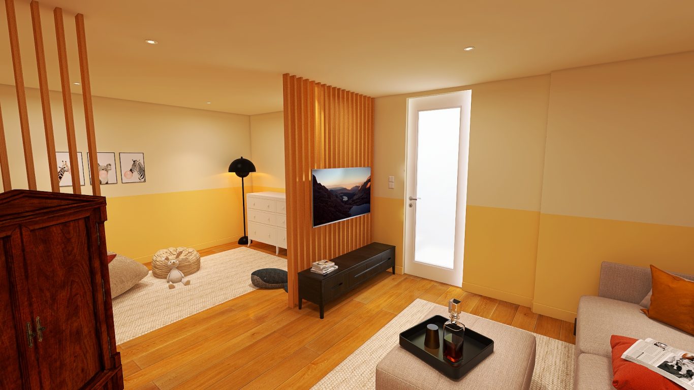 Moderner, wohnlicher Kellerraum mit Fernseher, Sofa und Holzboden, farblich hell und einladend.