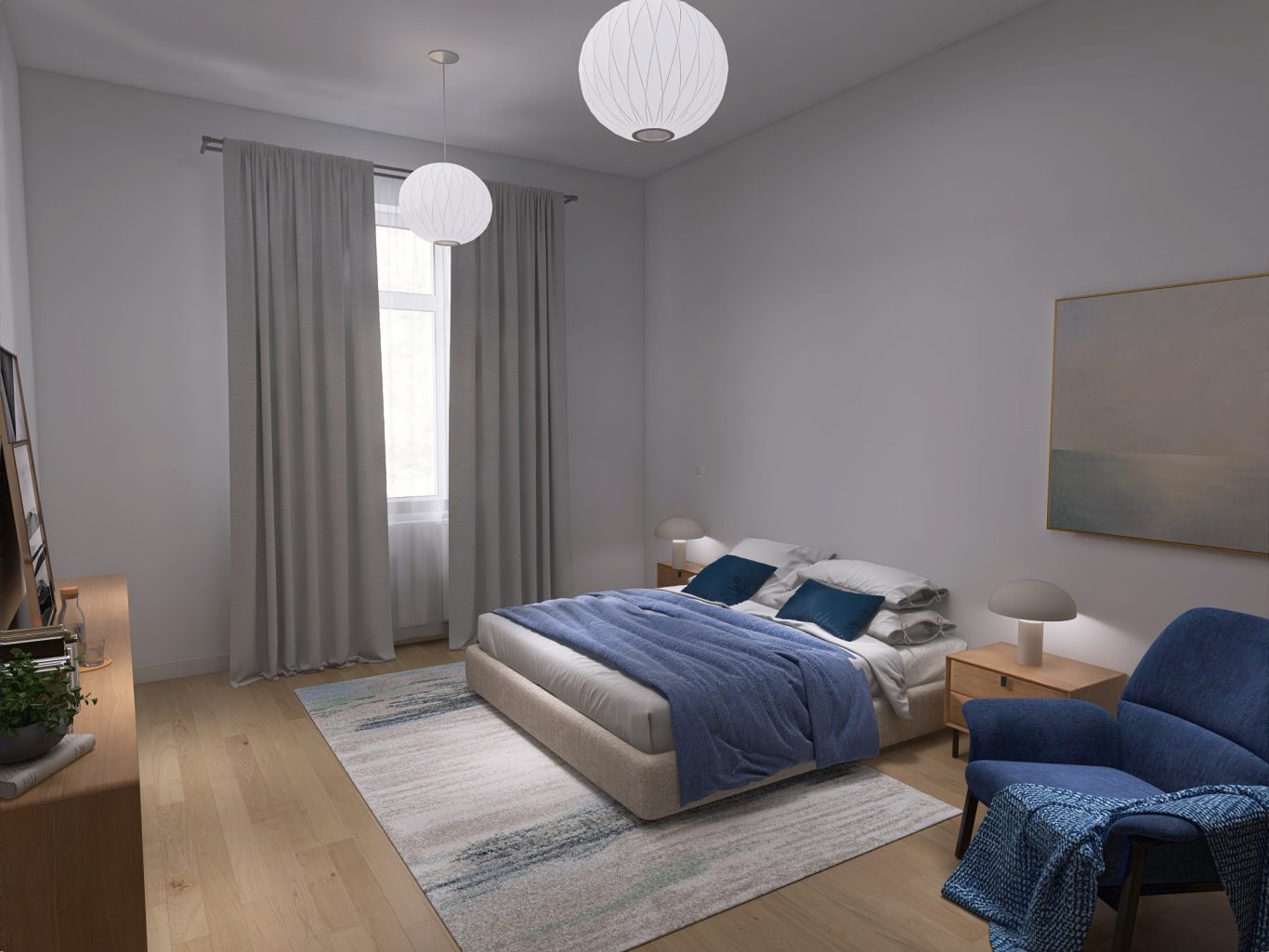 Helles Schlafzimmer mit einem Bett, blauen Akzenten und einem bequemen Sessel.