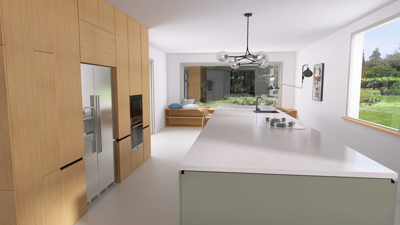 Moderne Küche mit Holzschränken, weißen Wänden und Blick auf einen Garten.