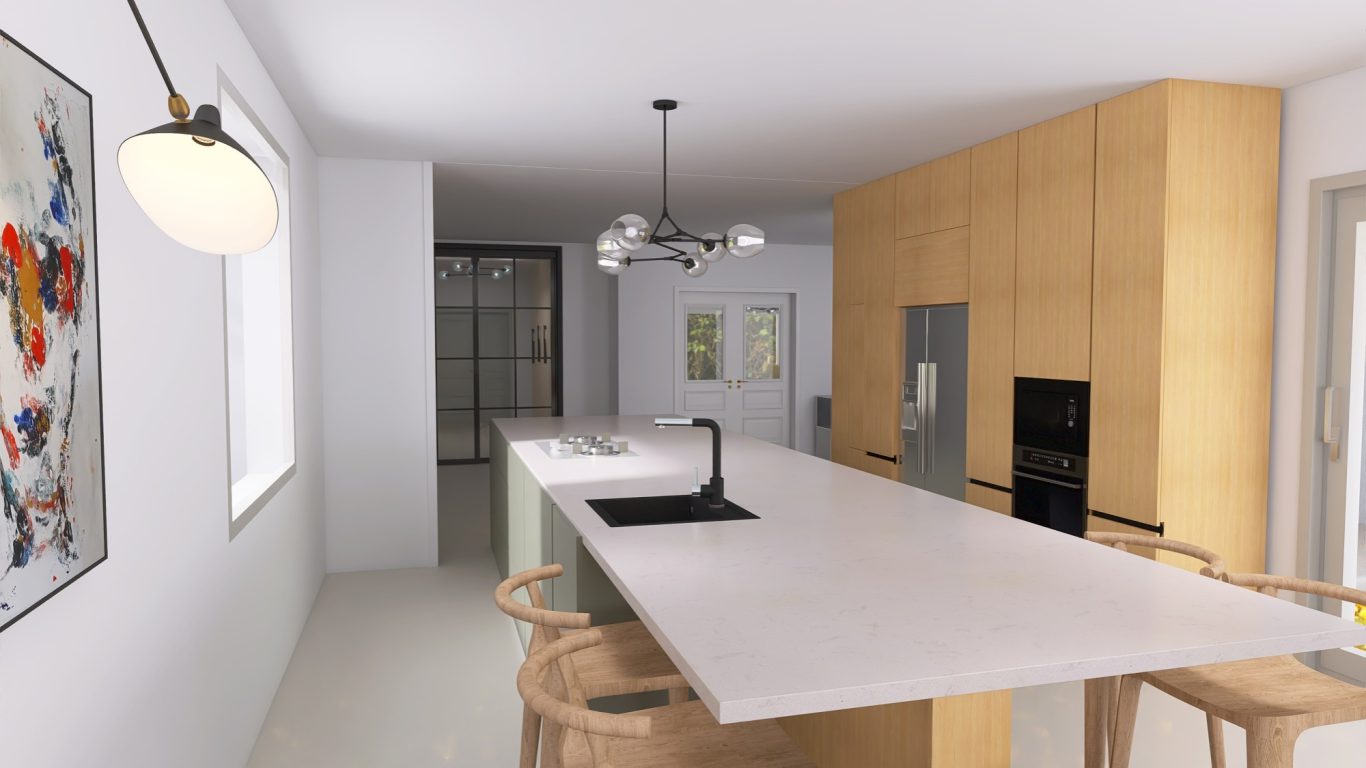 Moderne Küchengestaltung mit Holzschränken und eleganter Insel, hell beleuchtet.