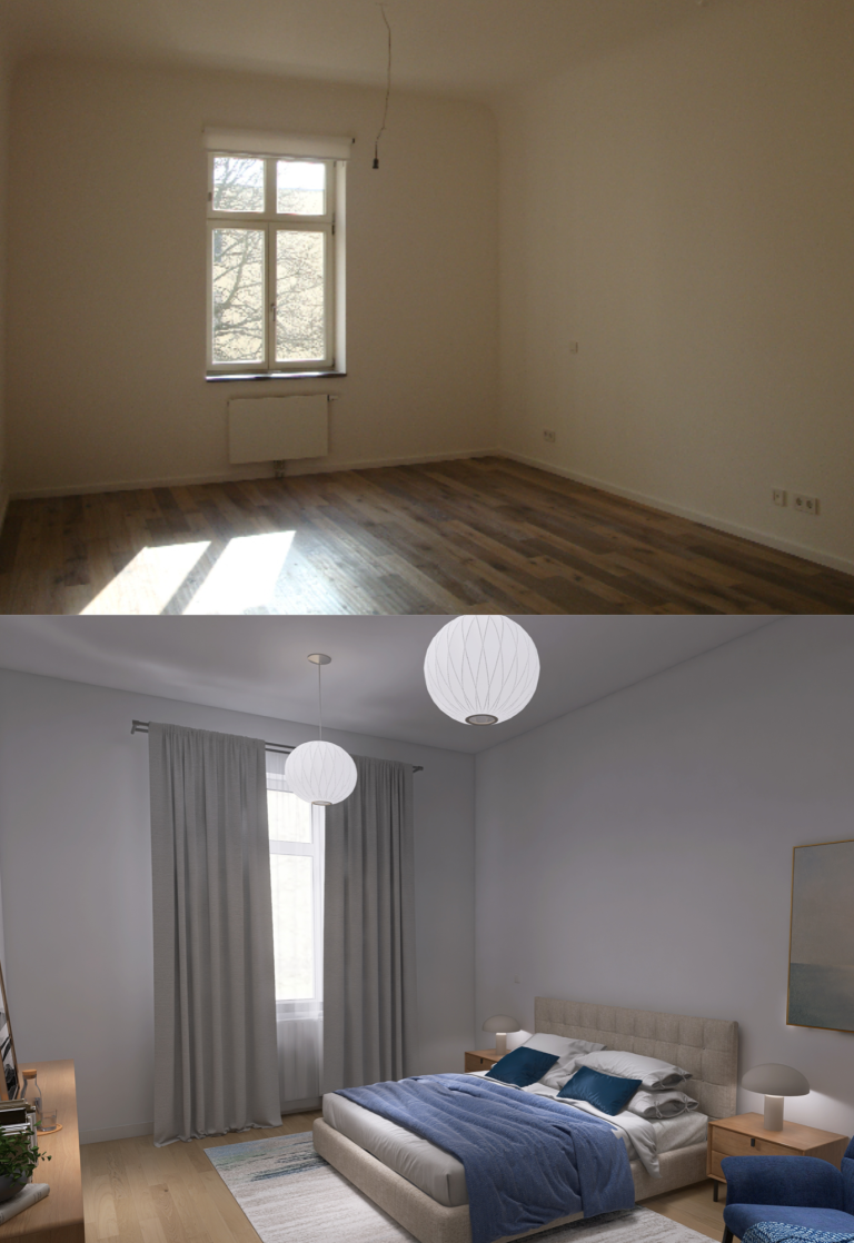 Ein leerer Raum oben, darunter visualisiert, wie der Raum aussehen könnte: ein gemütlich eingerichtetes Schlafzimmer mit Vorhängen.